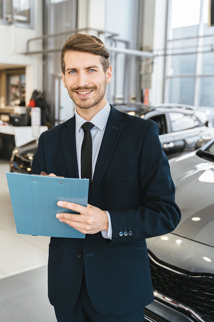 about-01 Confident car salesman in a suit with clipboard in a modern dealership showroom.
